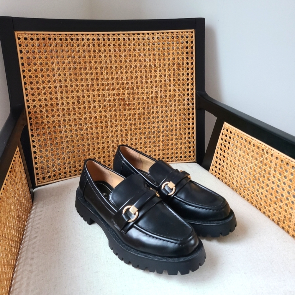 Zara Chunky Black Loafers with Gold Buckle